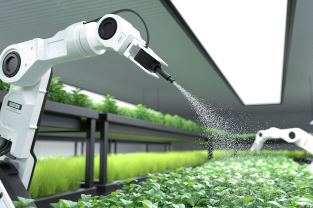 Fazendeiro robótico inteligente pulverizando fertilizante em plantas verdes