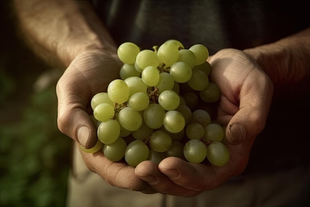 Foto grátis fazendeiro segurando em suas mãos um cacho de uvas recém-colhidas ai generative