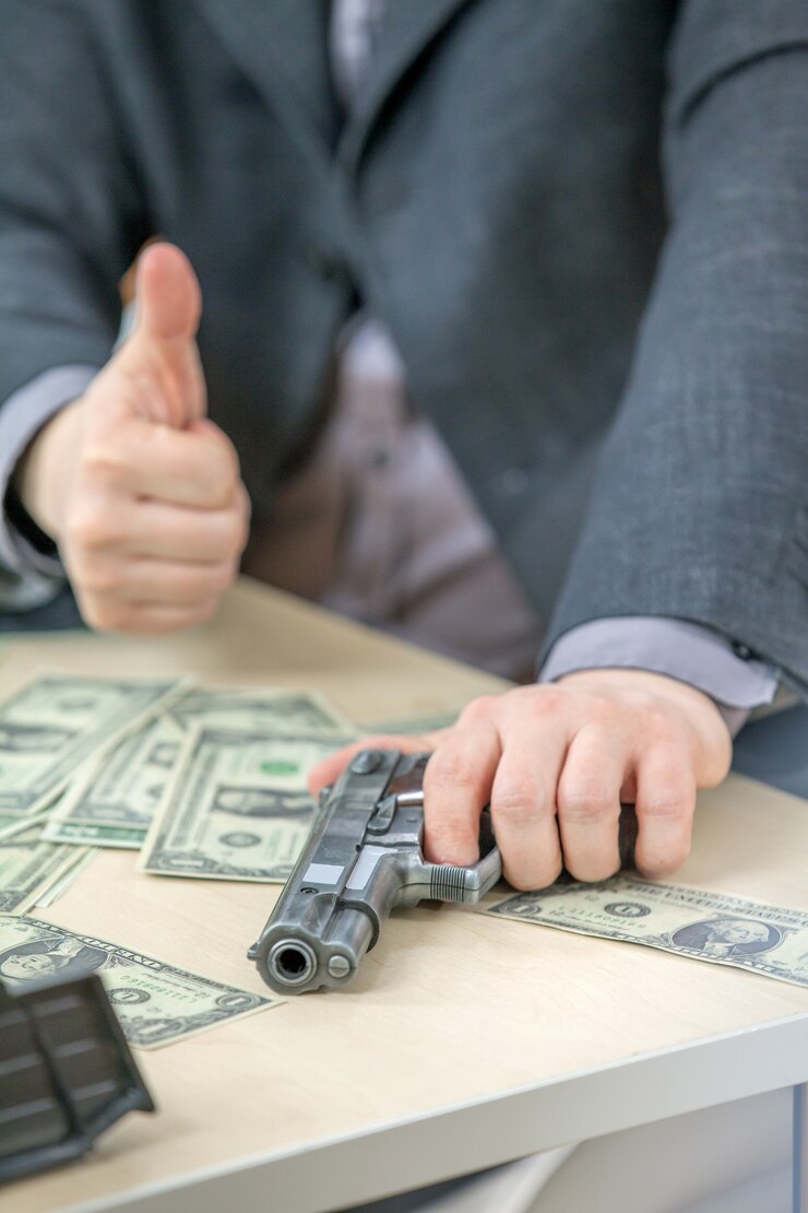 Foto grátis fazendo um sinal de positivo com o polegar e segurando uma arma
