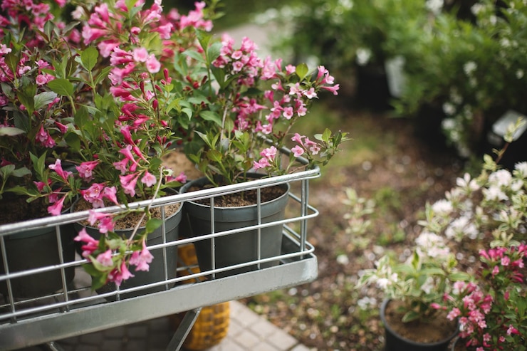 Foto grátis feche a foto de lindas flores cor de rosa em um carrinho de jardim