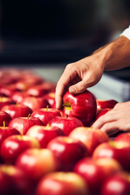 Feche a mão organizando maçãs