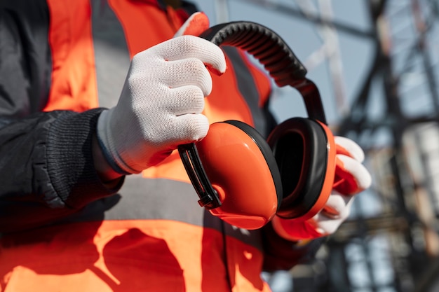 Feche a mão segurando fones de ouvido de proteção