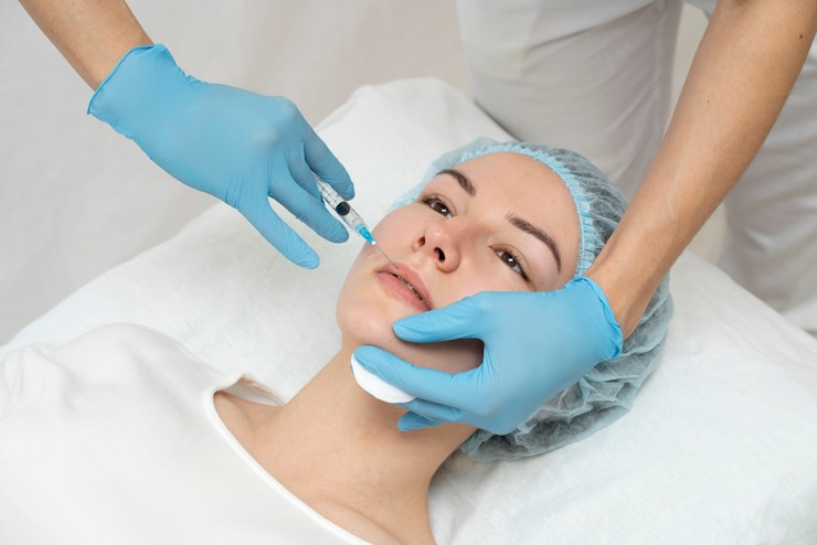 Foto grátis feche a mulher durante o procedimento de preenchimento labial