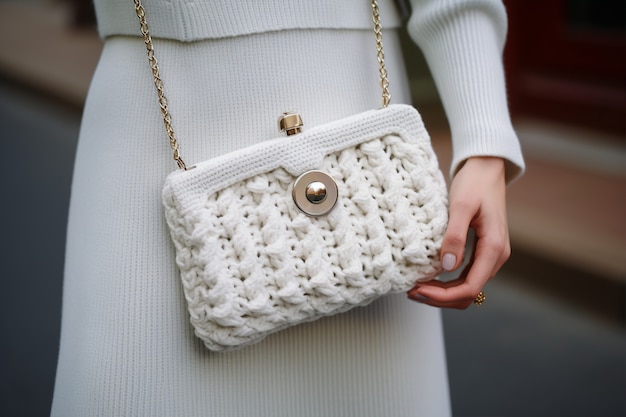 Foto grátis feche a mulher usando bolsa de malha