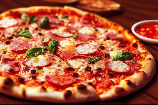 Feche a pizza italiana sobre o queijo, cole o foco seletivo generativo ai