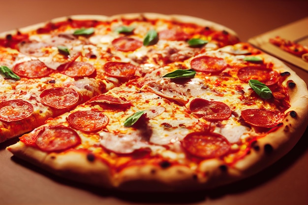 Feche a pizza italiana sobre o queijo, cole o foco seletivo generativo ai