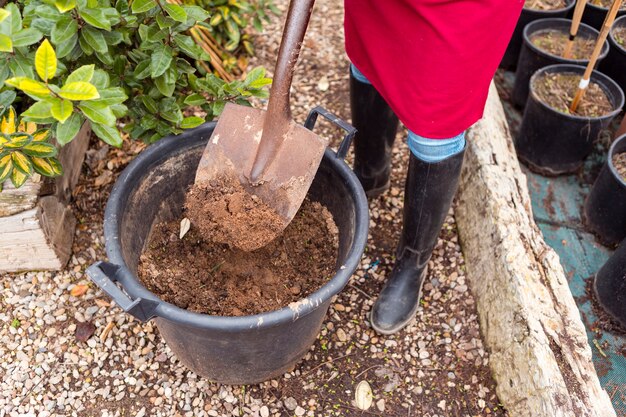 Feche acima da mulher que trabalha com pá no vaso de flores grande