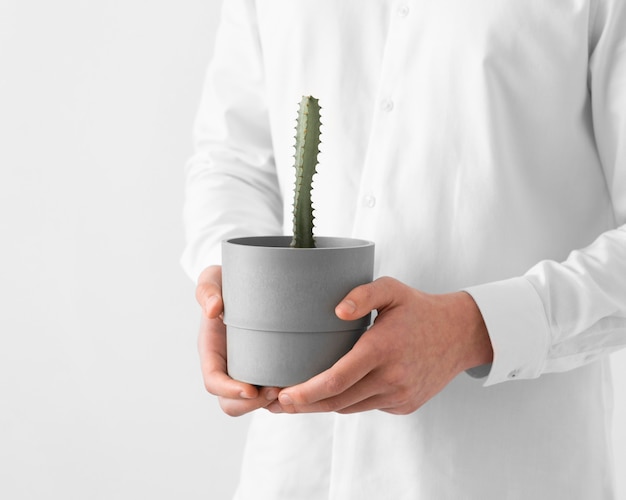 Feche as mãos segurando um vaso de plantas