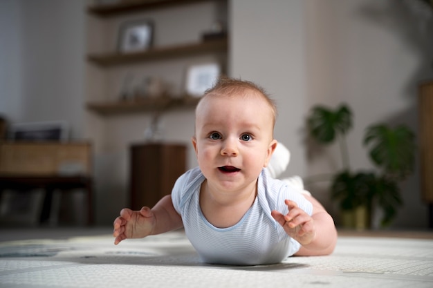 Feche o bebê engatinhando e aprendendo a andar