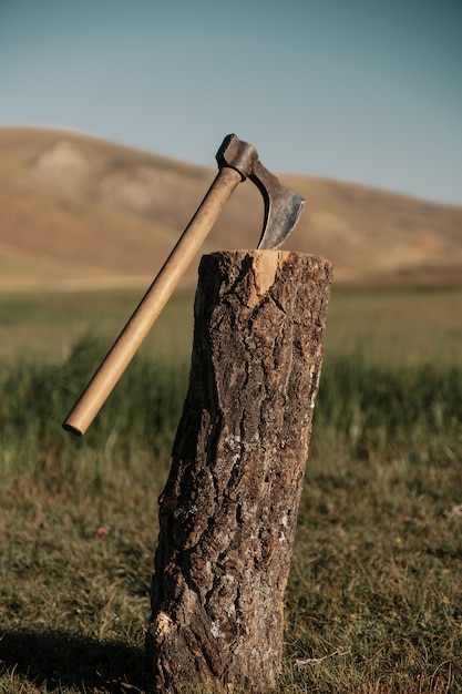 Foto grátis feche o machado em um tronco na montanha