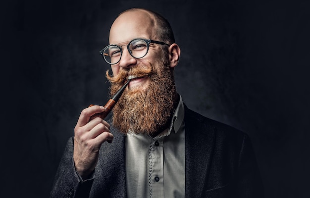 Feche o retrato do homem aristocrático de cabeça raspada em óculos fumando cachimbo sobre fundo cinza.