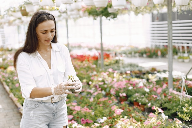 Feche sorrindo encantador jovem jardineiro feminino na blusa branca. Mulher segurando uma planta jovem no pote nas mãos dela. Mulher caucasiana em pé na estufa