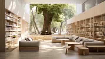 Foto grátis feita de concreto transparente, a biblioteca apresenta estantes de madeira clara com assentos escalonados