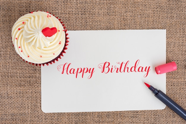 Feliz aniversário, cupcake, vermelho, caneta