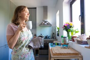 Feliz dona de casa sonhadora de avental, bebendo chá e olhando pela janela em sua cozinha. cozinhar em casa e conceito de intervalo para chá