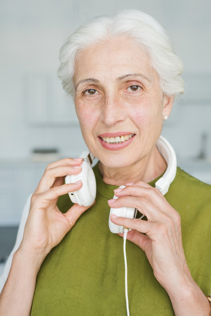 Foto grátis feliz, mulher sênior, com, branca, headphone, ao redor, dela, pescoço