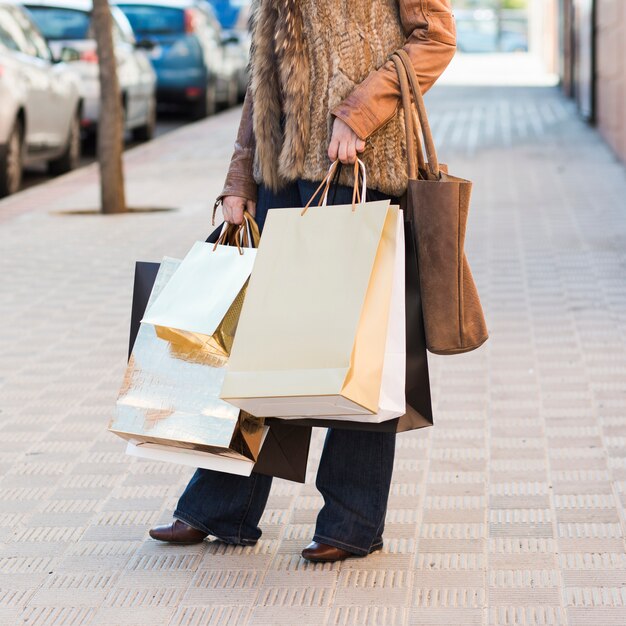 Fêmea da colheita que leva sacos de compras leves