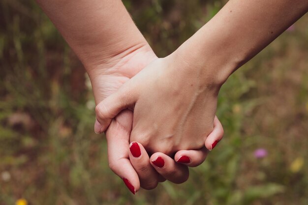 Fêmeas romanticamente de mãos dadas na floresta