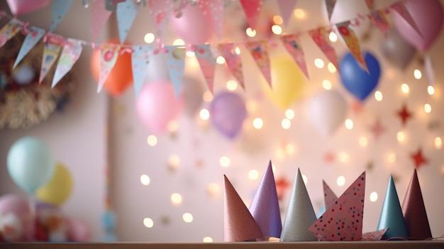 Festa de aniversário com fitas penduradas e guirlanda em quarto decorado