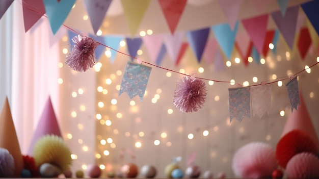 Festa de aniversário com fitas penduradas e guirlanda em quarto decorado