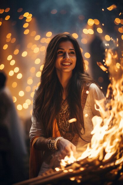 Festival de lohri fotorrealista com mulher comemorando