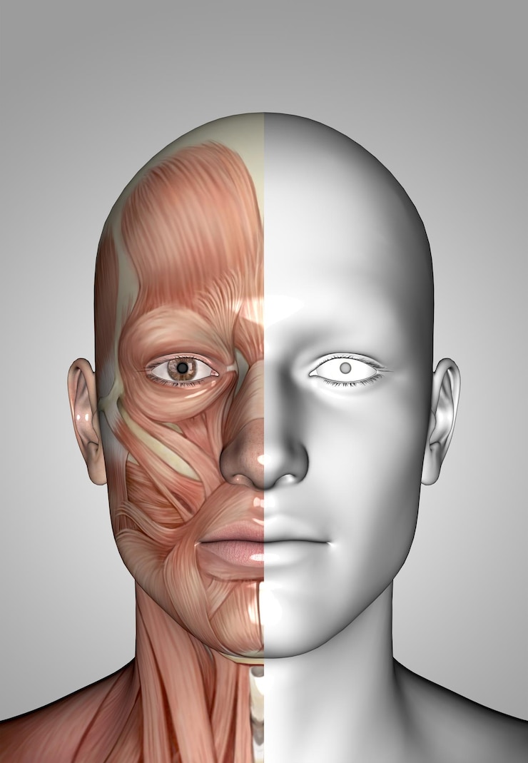 Foto grátis figura médica masculina 3d com close-up do rosto com metade mostrando o mapa muscular