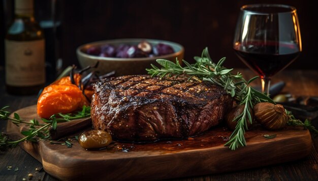 Filé de carne grelhada em mesa de madeira rústica gerada por IA