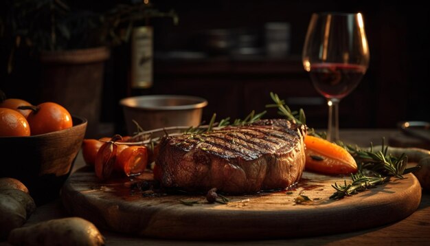 Filé de carne grelhada na mesa de madeira rústica gerada por IA