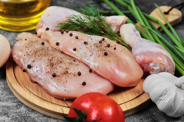 Foto grátis filé de frango cru e pernas na placa de madeira com legumes frescos.