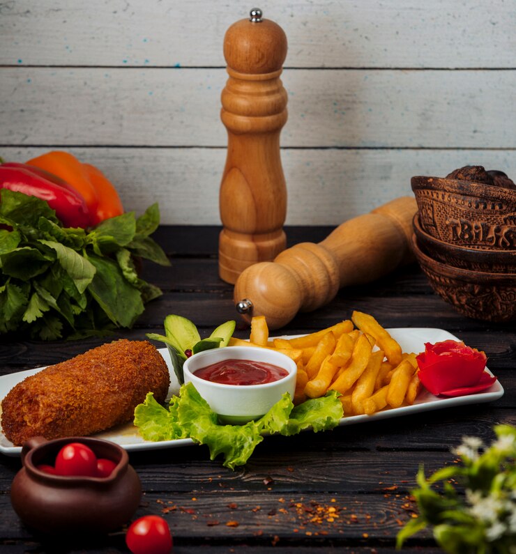 Foto grátis filé de frango frito crocante servido com batatas fritas e ketchup