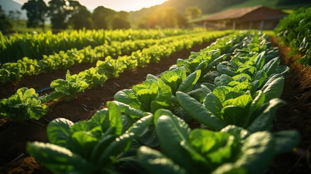 Fileiras de diversas culturas em uma fazenda orgânica com tons verdes ricos e marrons terrosos representam sustentabilidade