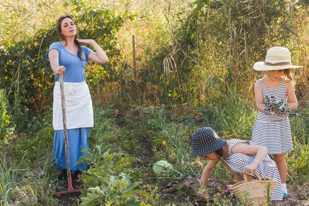 Filhas colhendo legumes com a mãe no campo