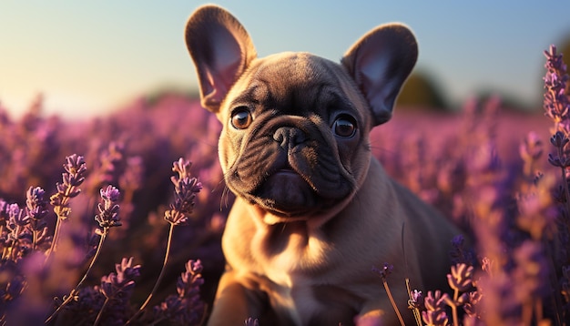 Foto grátis filhote de buldogue francês fofo brincando na beleza da natureza gerada pela inteligência artificial