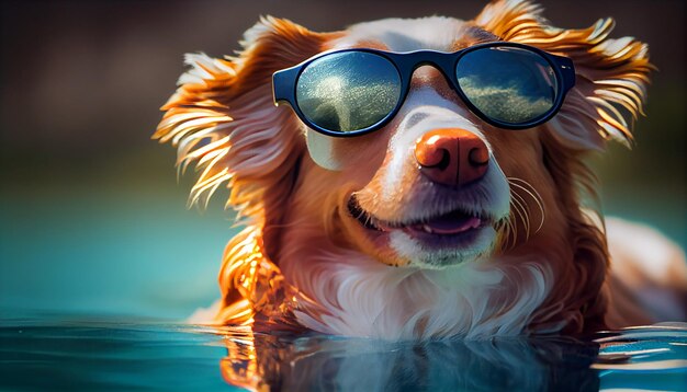 Filhote de cachorro bonito em óculos de sol olhando ao ar livre lúdica generativa AI