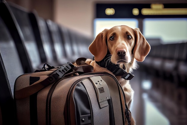 Filhote de cachorro bonito sentado na bagagem esperando para viajar IA generativa