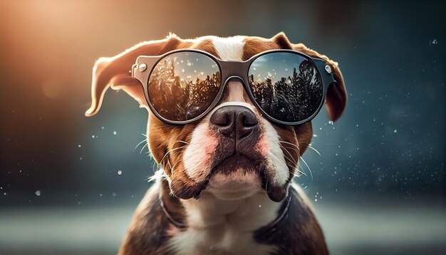 Filhote de cachorro bonito usa óculos de sol para diversão de verão generativa AI