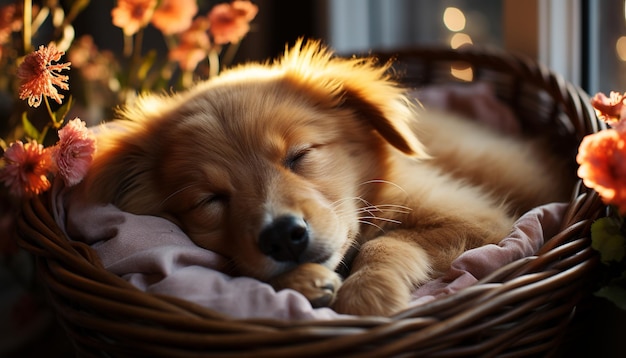 Filhote de cachorro fofo dormindo pequeno e fofo ao ar livre na natureza gerado por inteligência artificial