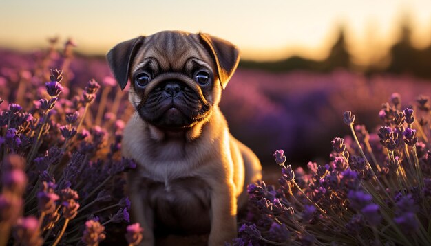 Filhote de cachorro fofo sentado na grama apreciando a beleza da natureza gerada pela inteligência artificial