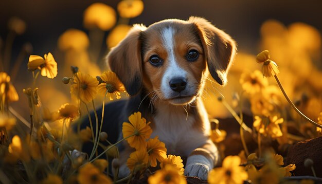 Filhote de cachorro fofo sentado na grama apreciando a beleza da natureza gerada pela inteligência artificial
