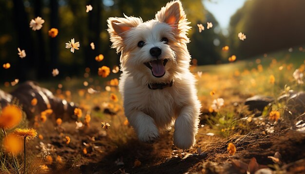 Filhote de cachorro fofo sentado na grama apreciando a beleza lúdica da natureza gerada pela inteligência artificial