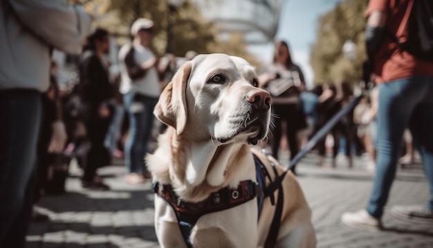 Foto grátis filhote de retriever de raça pura caminhando com seu dono ao ar livre gerado por ia