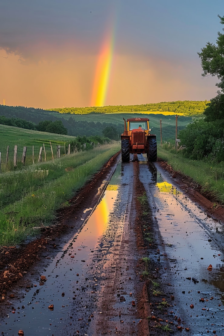 Foto grátis fim da estrada com um belo arco-íris depois do tempo chuvoso