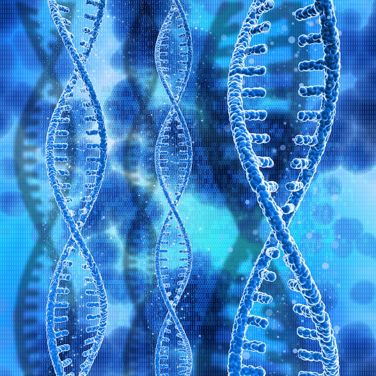 Foto grátis fios de dna 3d em um fundo de código binário