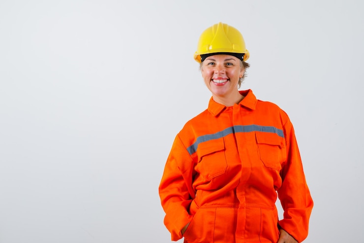 Foto grátis firewoman em seu uniforme com um capacete de segurança