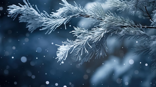 Flocos de neve pousando em galhos de pinheiro sob o suave luar do inverno