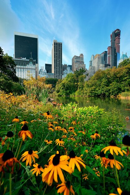 Flor do Central Park Spring com skyline no centro de Manhattan New York City