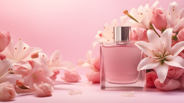 Foto grátis flores 3d abstratas com frasco de perfume