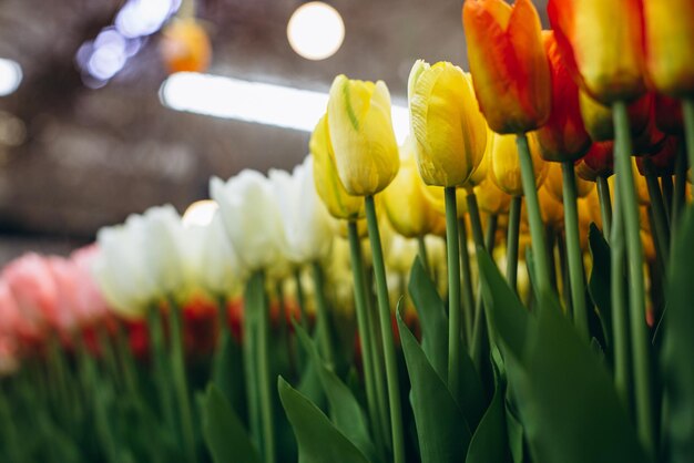 Flores artificiais em buquês em uma loja de decoração