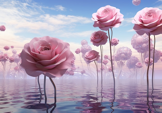 Foto grátis flores de rosa 3d com água