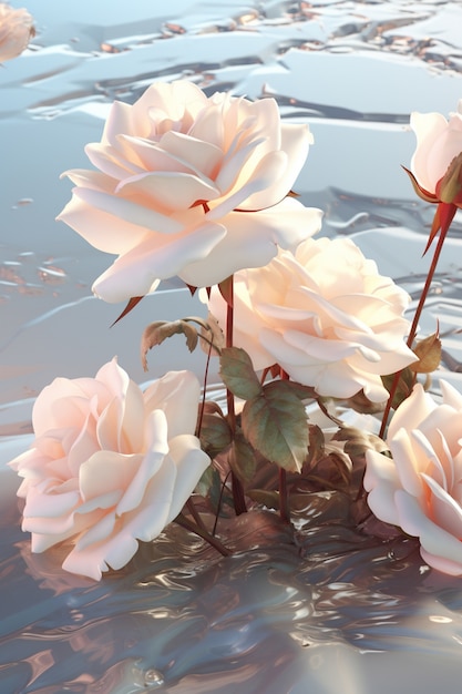 Flores de rosas 3D na água